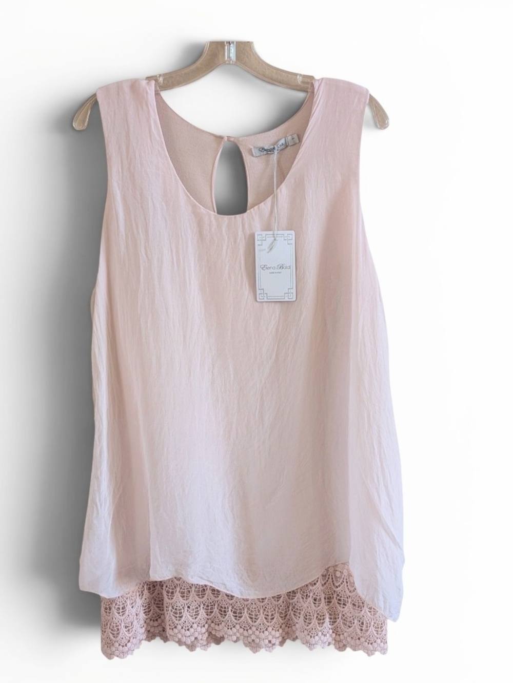 Elena Baldi 100% Silk With Cotton Lace Sleeveless Top Size L Blush Pink Boho